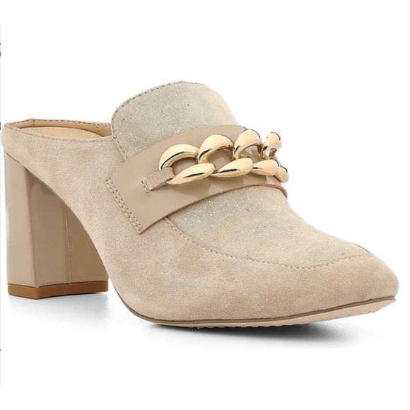 Donald J. Pliner Shoes - Donald Pliner Mule Womens Size 9 Tan Chained Slip On Leather Block Heel Shoes